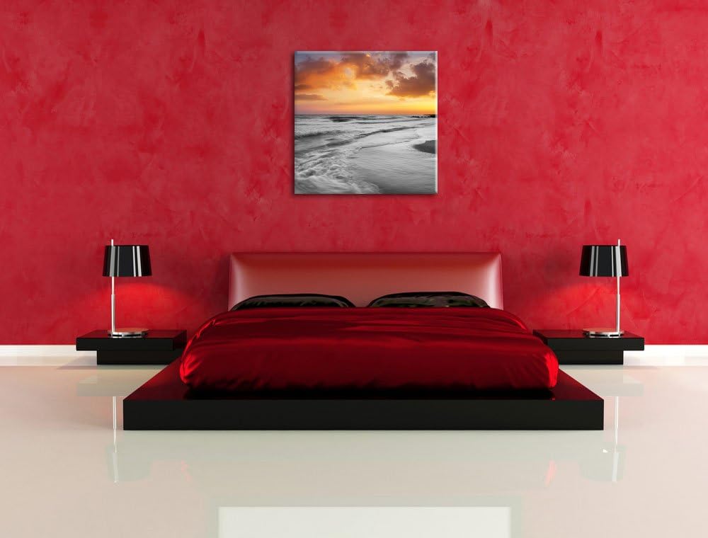 Pixxprint Traumhafter Strand mit romantischen Sonnenuntergang Schwarz/weiss, Format: 70x70 auf Leinw