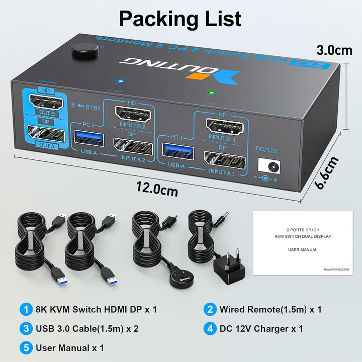 2x2 KVM Switch 2 PC 2 Monitore HDMI DP, USB 3.0 KVM Switch Dual Monitor 8K@60Hz HDMI 2.1, 4K@144Hz D