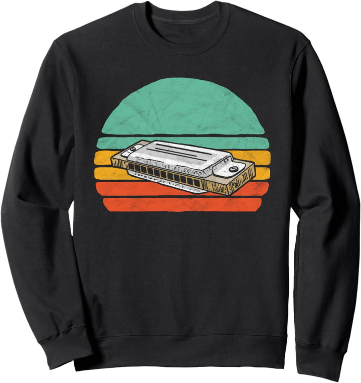 Vintage Harmonica & 80s Sun Funny Retro Minimalist Music Sweatshirt