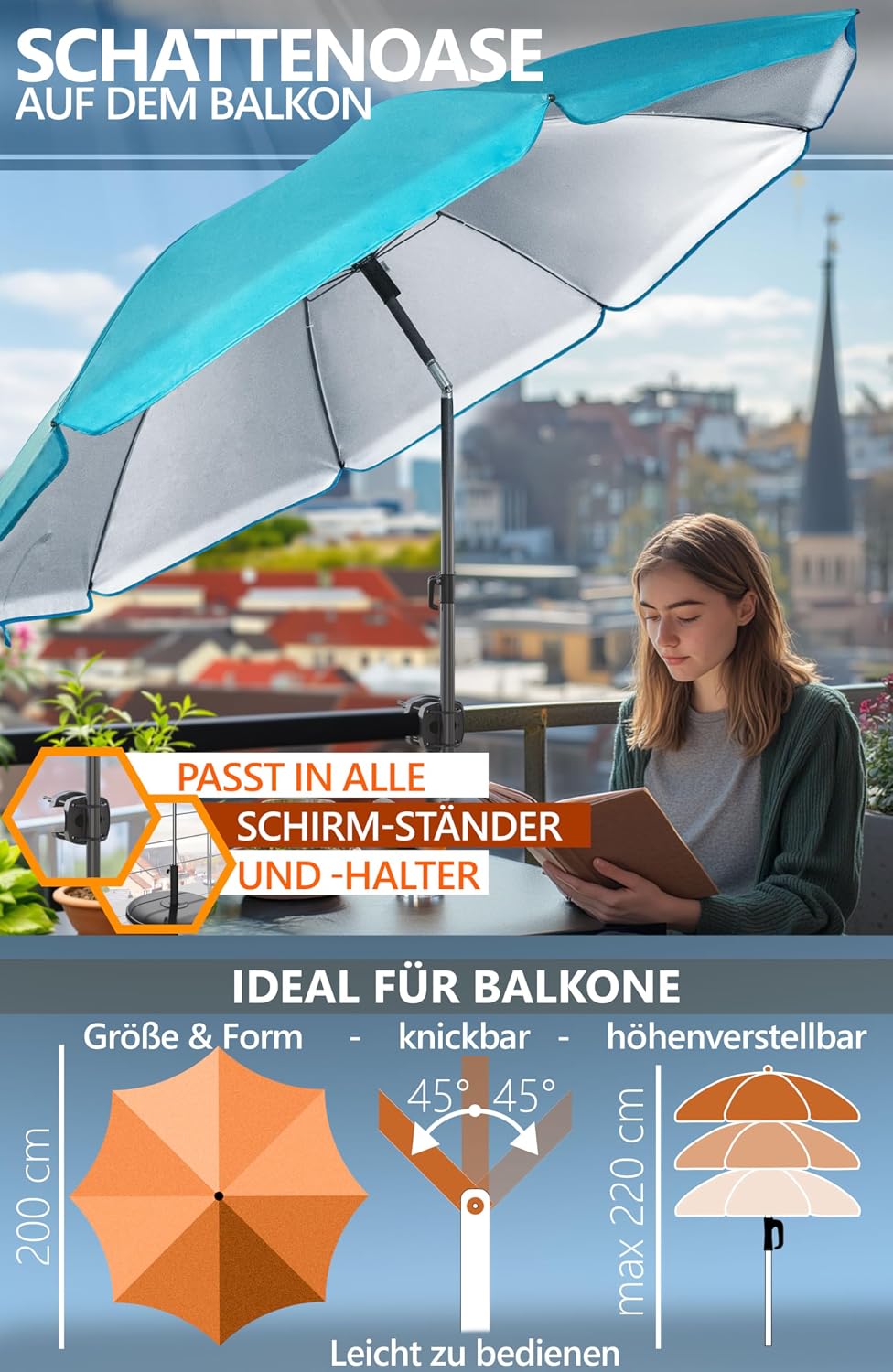 4smile Sonnenschirm Strand SET, Ø 200 cm, Türkis | UPF 50+ Sonnenschirm Balkon, inkl. Hülle, Gartens