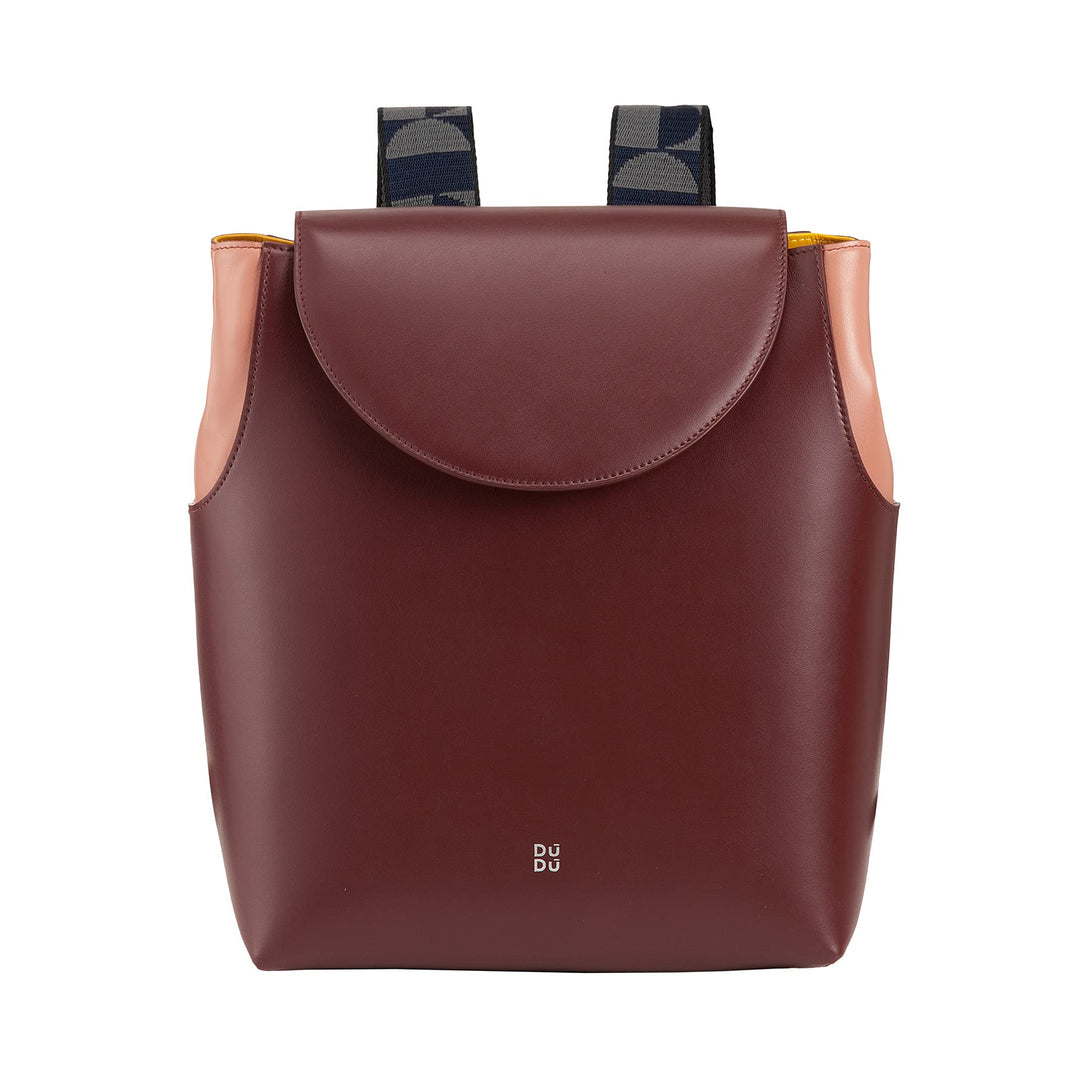 DuDu Damen-Multifunktions-Freizeitrucksack Made in Italy aus weichem Nappaleder mit Klappe Burgundy,