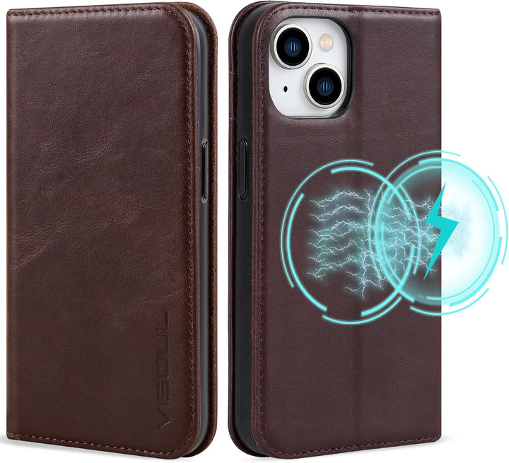 VISOUL Hülle für iPhone 15, Schutzhülle [Echt Leder] [Schützt vor Stoss] [Kartenfach] [Magnetverschl
