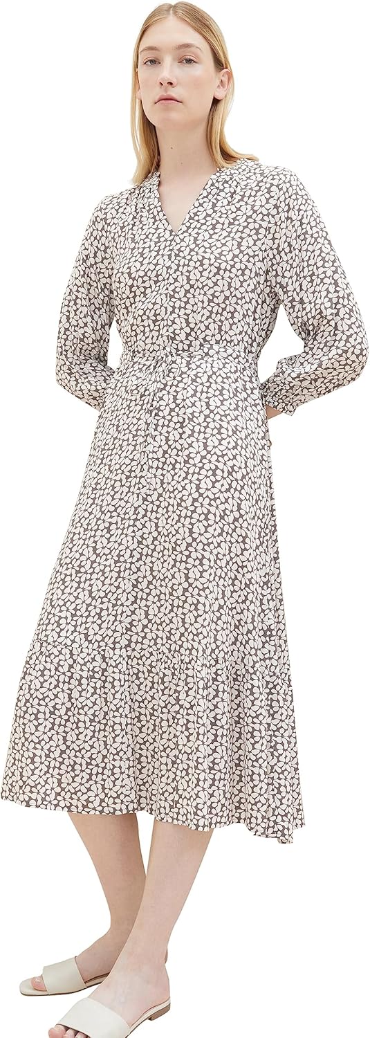 TOM TAILOR Damen Maxikleid mit Muster & Bindedetail, 33766 - Grey Floral Design