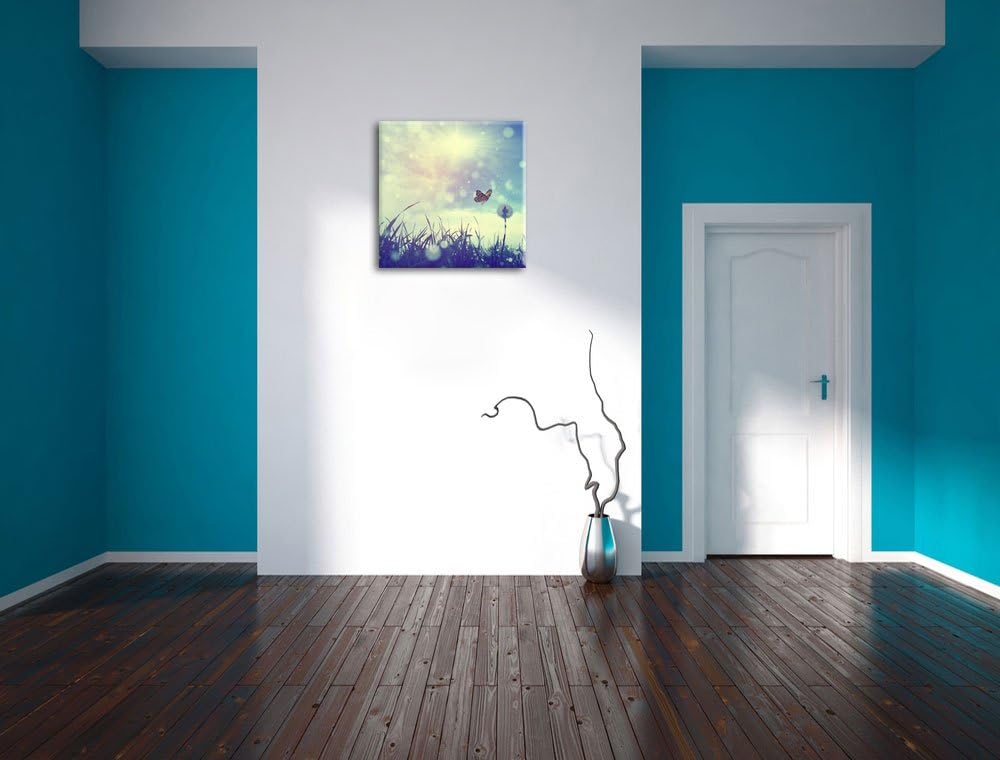 Pixxprint zarter Schmetterling fliegt zu Pusteblume, Format: 70x70 auf Leinwand, 70x70