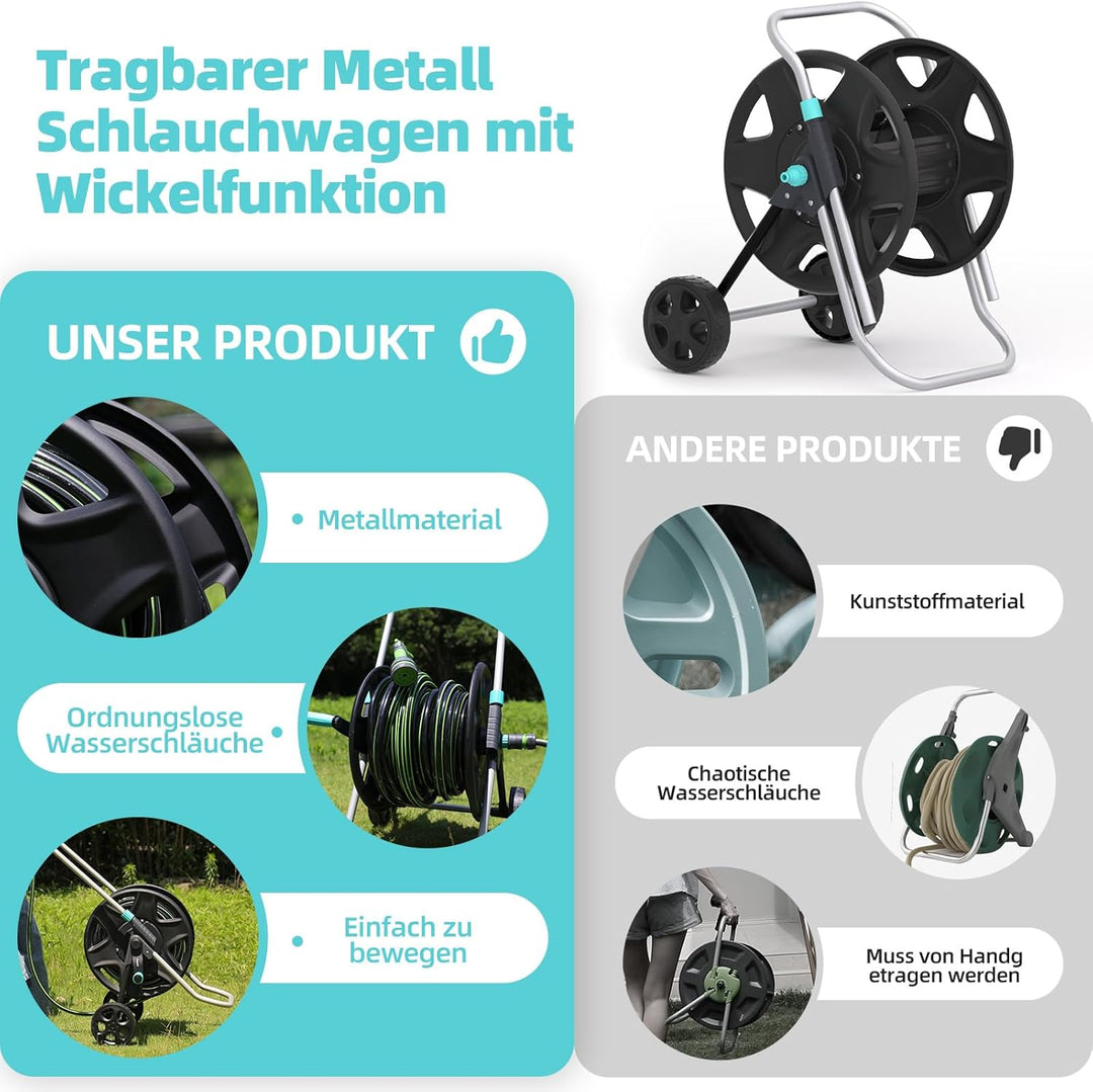 Schlauchwagen, Metall Schwerlastschlauchwagen mit Rädern, tragbarer Schlauchwagen für 30–60 m Schlau