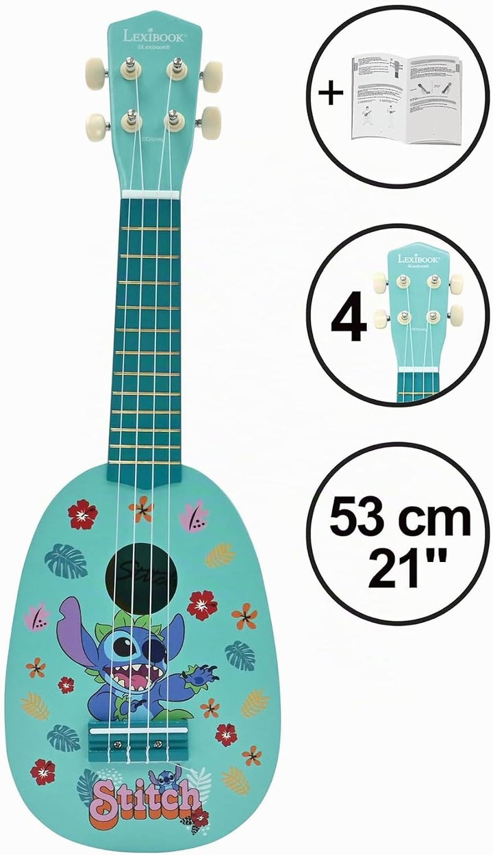Lexibook, Disney Stitch, Meine erste Holz-Ukulele, 4 Nylonsaiten, 53 cm, inklusive Anleitung, Blau,