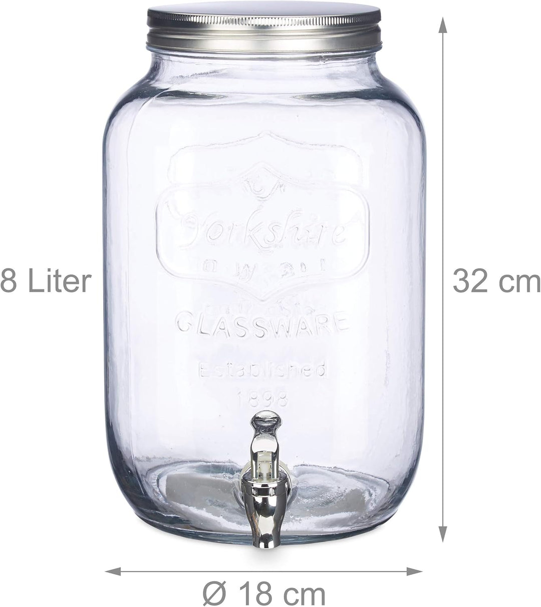 Relaxdays 2 x Getränkespender 8 l, Glas, Zapfhahn, Retro Saftspender Gastro, Vintage Limonadenspende