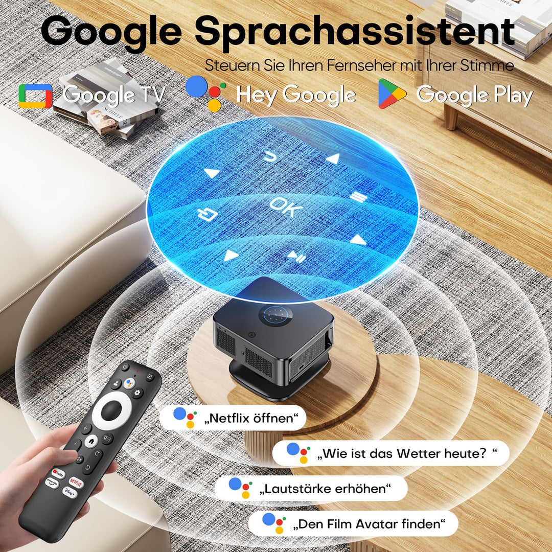 Beamer【Google TV/Autofokus & 1500 ANSI】 Full HD 1080P HORLAT Beamer 4K Heimkino mit WiFi 6, Bluetoot