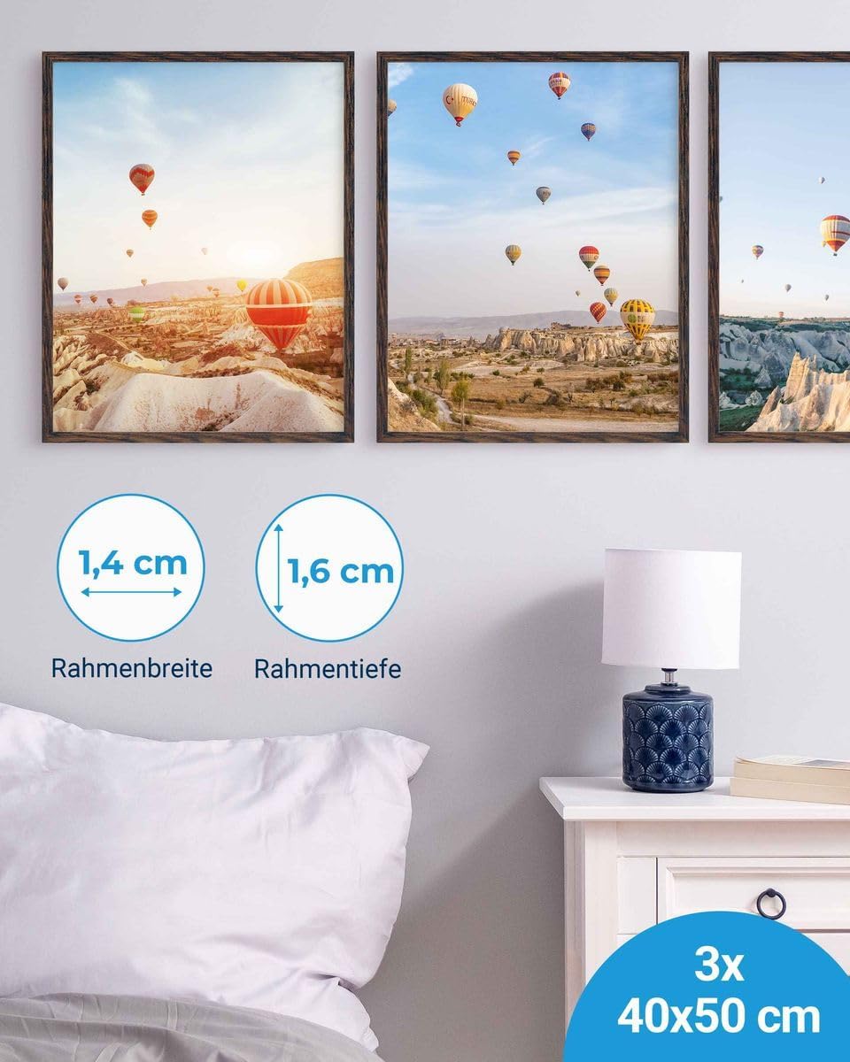 PHOTOLINI Bilderrahmen 40x50 cm MDF-Holz Eiche Dunkel, 3er Set Posterrahmen, bruchsicheres Acrylglas