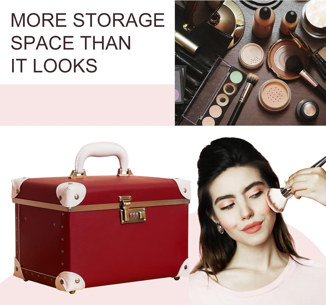 urecity Vintage Leder Kosmetikkoffer mit Spiegel - Hartschale Schminkkoffer für Damen, Reise Make-up