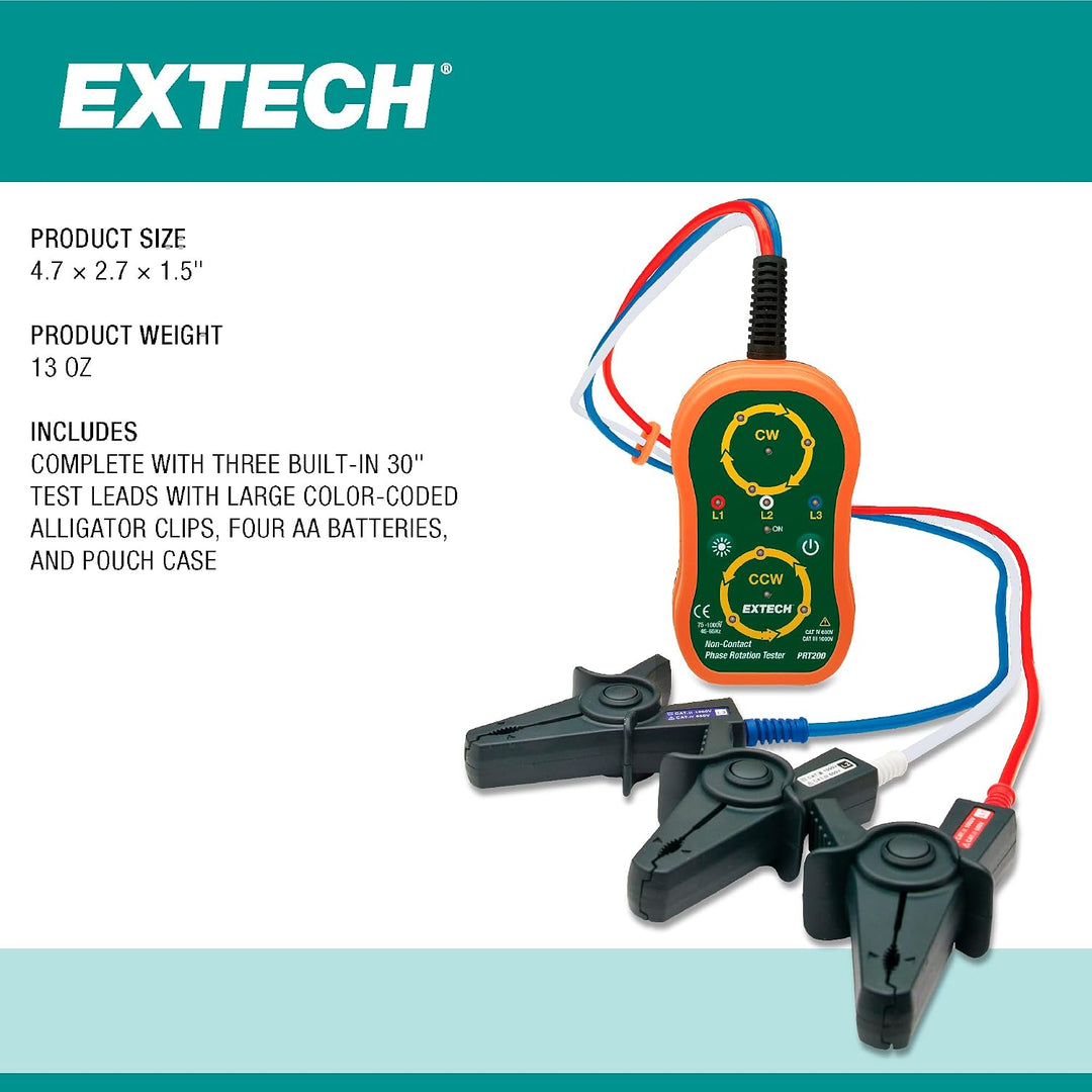 Extech Phasendrehrichtungsprüfer, 1 Stück, PRT200 | Phasenrotation (CW/CCW) und Live-Phasen-LEDs, 75