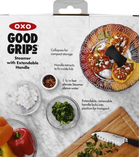 OXO Good Grips Edelstahl-Dämpfeinsatz mit ausziehbarem Griff – zum Dünsten von Gemüse und mehr, Silb