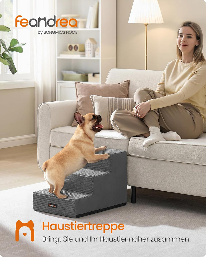 Feandrea Hundetreppe, 3 Stufen Katzentreppe aus Schaumstoff, Hunderampe für Kleine Hunde, 46 x 40 x