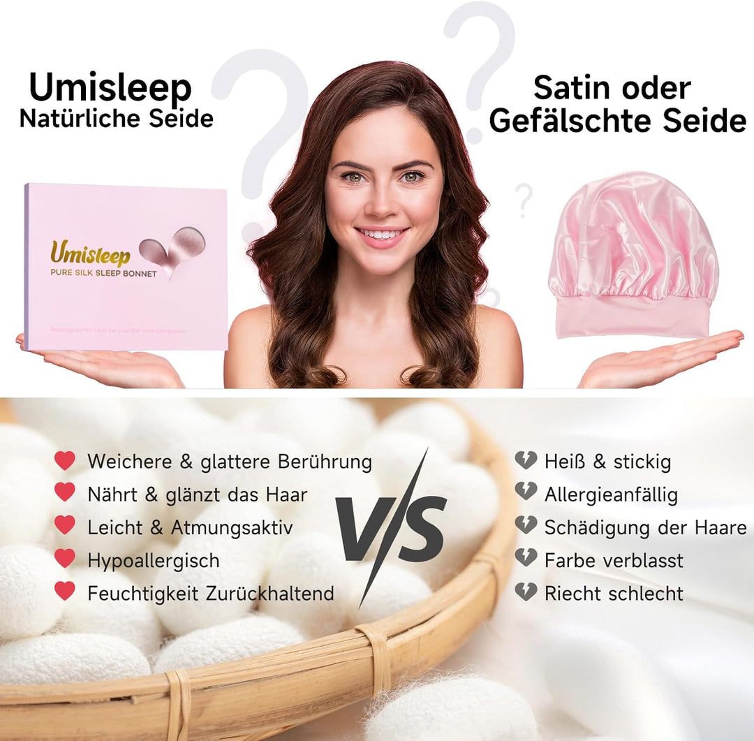 Umisleep 22 Momme Schlafmütze aus 100% Maulbeerseide, doppelseidige weiche Nachtmütze für lockiges H