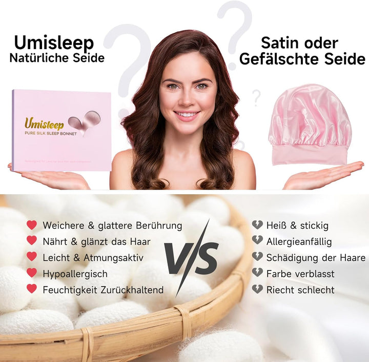 Umisleep 22 Momme Schlafmütze aus 100% Maulbeerseide, doppelseidige weiche Nachtmütze für lockiges H
