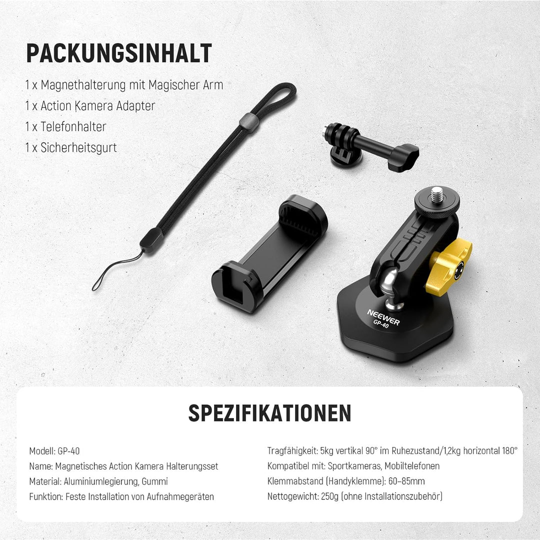 NEEWER Magnetisches Action Kamera Auto Halterung Set mit Magic Arm Ständer, Handy Halter Set, kompat