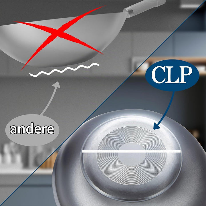 CLP Wok-Set aus Karbonstahl I Flacher oder runder Boden für Gas, Induktion und Grill I Wokpfanne mit