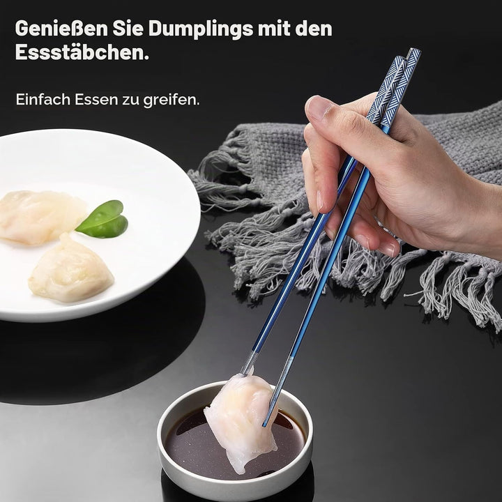 Edelstahl Essstäbchen, 18/8, Titan-Lasergravur, spülmaschinenfest, 5 Paar Geschenkset (blau), wieder