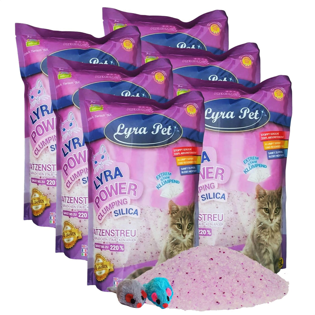 Lyra Pet® | 6 x 5 L = 30 L Lyra Power Clumping Silica Silikat Katzenstreu + 2 Spielmäuse | Stark Klu