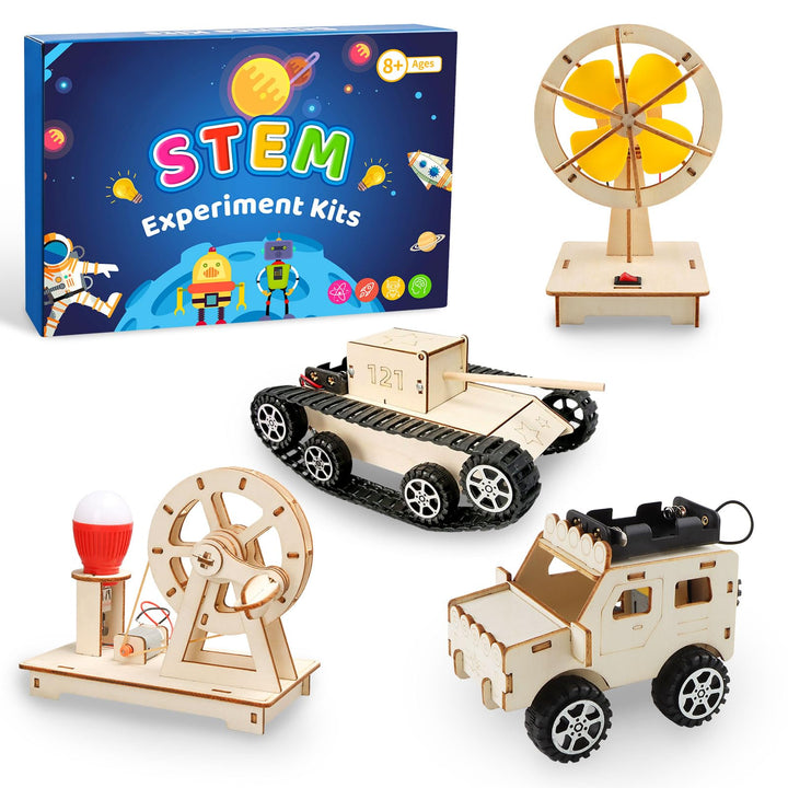 4 Stück Experimente für Kinder, Elektronik Baukasten DIY STEM Spielzeug, Holz Wissenschaft Bausatz S