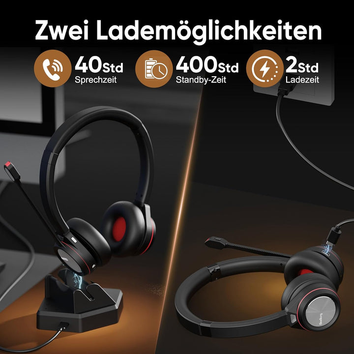 Bluetooth Headset mit Mikrofon Noise Canceling, Wireless Headset mit Ladestation &amp; USB Dongle für PC