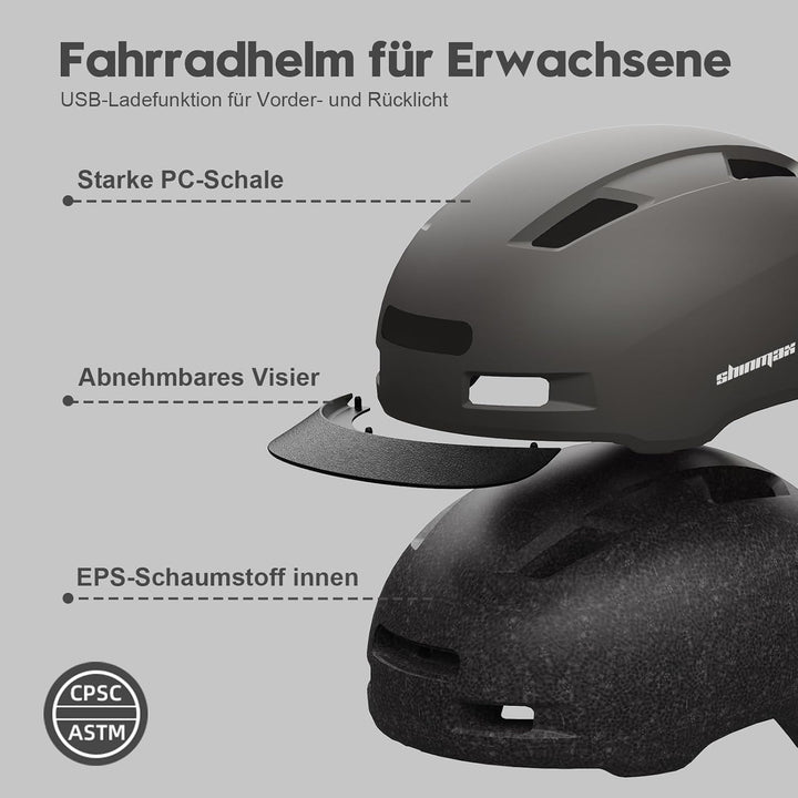 Shinmax Fahrradhelm Herren Damen, Helm Fahrrad mit USB Licht 5 Modi Fahrradhelm mit Visier, Mountain