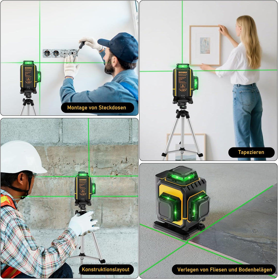 Kreuzlinienlaser mit Stativ,ASOBRIS 16 Linienlaser Selbstnivellierend Laser Wasserwaage mit 2x2400mA