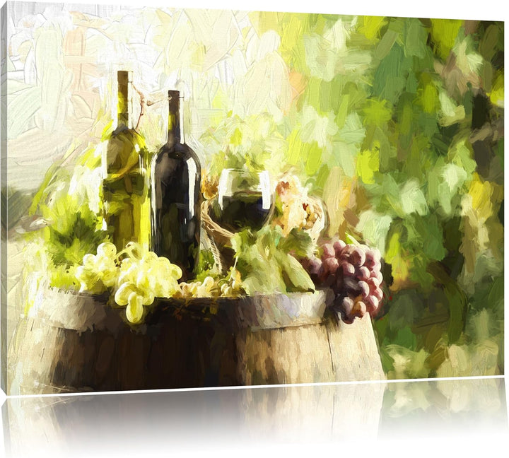 Pixxprint Wein mit Weintrauben auf Fass als Leinwandbild/Grösse: 100x70 cm/Wandbild/Kunstdruck/ferti