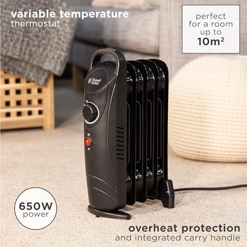 Russell Hobbs RHOFR3001, 650 W, ölgefüllte, tragbare Elektroheizung, 5 Lamellen, schwarz, einstellba