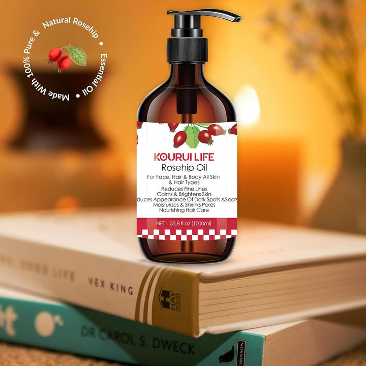 KOURUILIFE Hagebuttenöl 33.8oz(1000ml) 100% Rein Natürlich, Kaltgepresst, Unraffiniert, Vegan - Natu