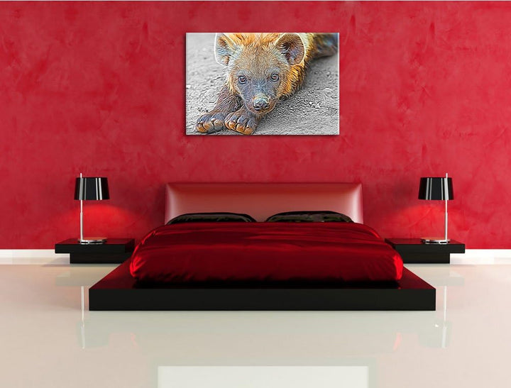 niedliche kleine Hyäne schwarz/weiss Deluxe Format: 100x70 cm auf Leinwand, XXL riesige Bilder ferti