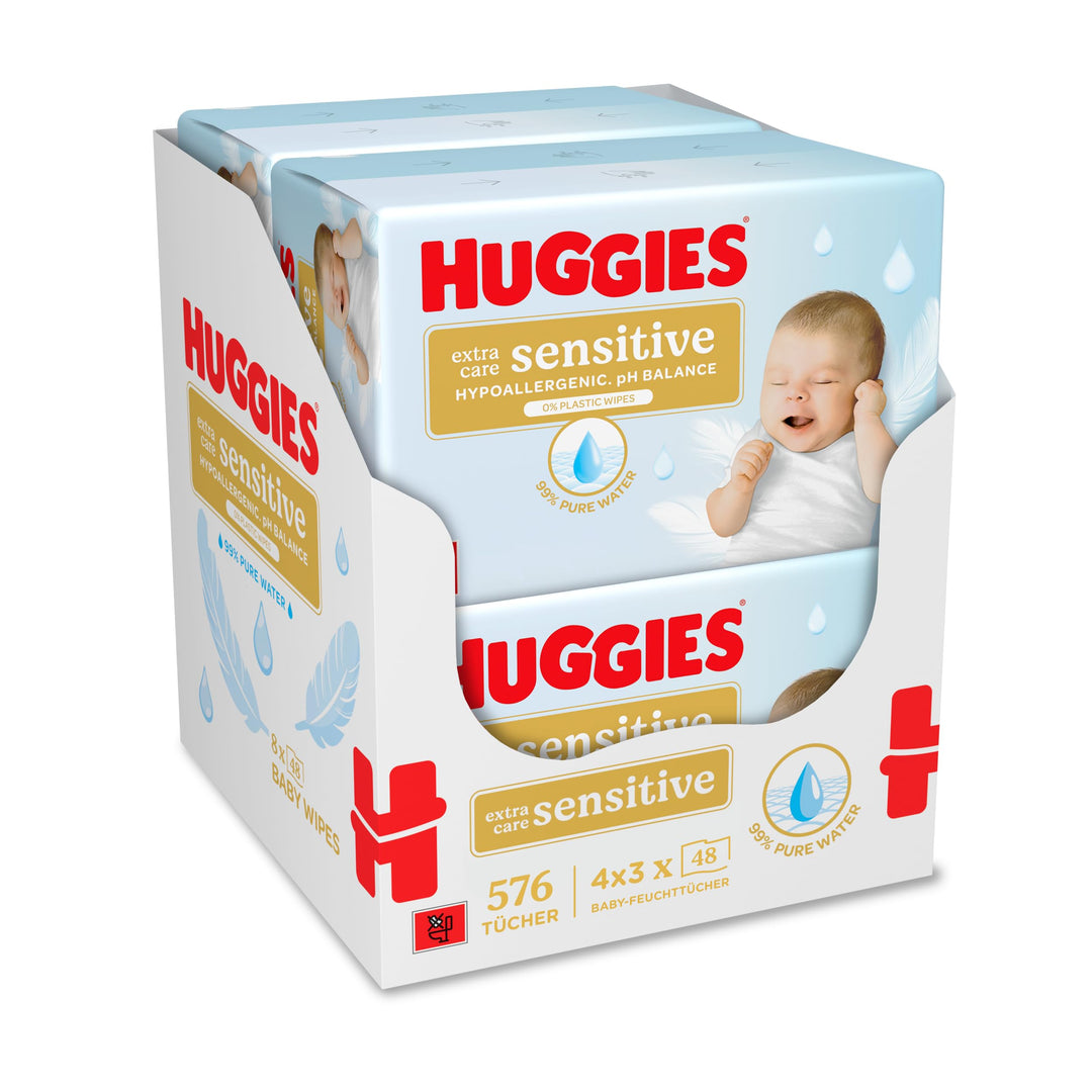 Huggies Pure Extra Care Sensitive Baby-Feuchttücher, 99 Prozent Wasser, ohne Plastik, 12er Pack (4 x