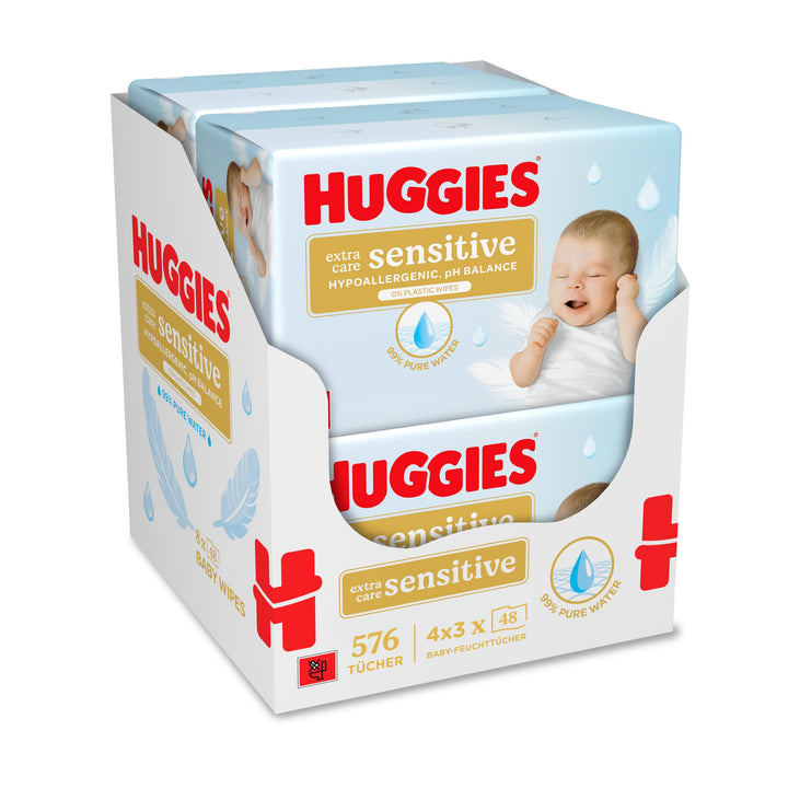 Huggies Pure Extra Care Sensitive Baby-Feuchttücher, 99 Prozent Wasser, ohne Plastik, 12er Pack (4 x