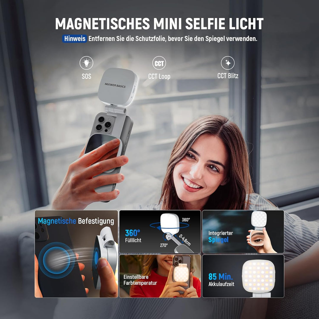 NEEWER Basics Magnetisches Selfie Licht Handy kompatibel mit MagSafe iPhone, 2W CRI95+ zweifarbiges