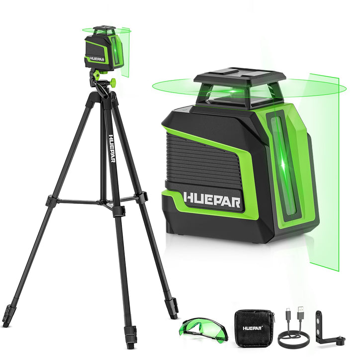 Huepar 360° Laser Wasserwaage mit 152 cm Stativ, Kreuzlinienlaser grün mit Pulsmodus, 3 Helligkeitss