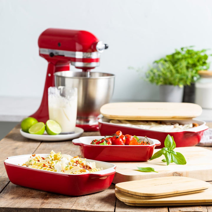 KitchenAid Stoneware Backform Rechteckig Keramik Antihaftbeschichtung mit Bambusdeckel, 32 cm/3,8L,