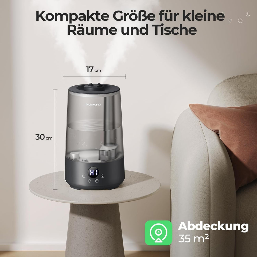 Homvana Luftbefeuchter Schlafzimmer Top-Fill, 3.6L 360°Cool Mist 34H Dauerhaft, Ruhig 16dB (SilentSp