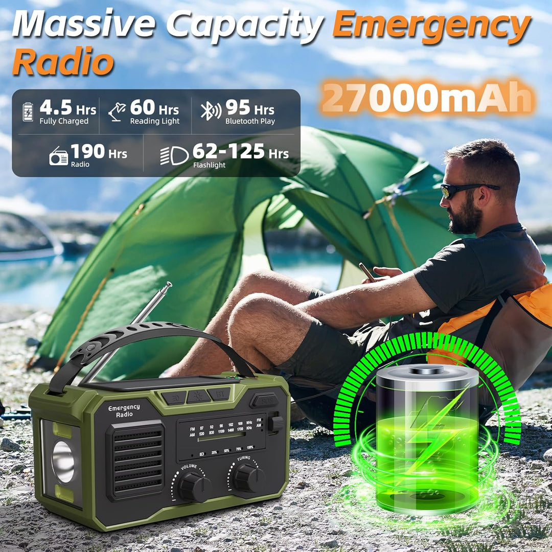 27000mAh Kurbelradio Notfall,Notfallradio Solar Kurbel FM/AM Mit Bluetooth 5.3, Emergency Radio SOS-