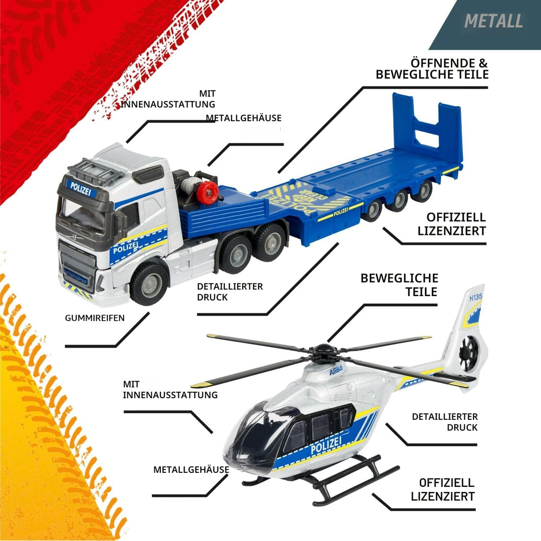 Majorette - Volvo Polizei-Transporter FH-16 (35 cm) – LKW mit Auflieger und Airbus Hubschrauber (25,