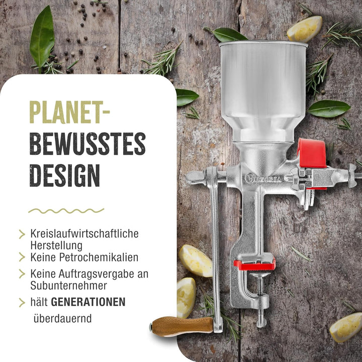PORKERT VICTORIA Manuelle Getreidemühle mit hohem Trichter Maismühle, Malzmühle, Gusseisen, Grau Hig