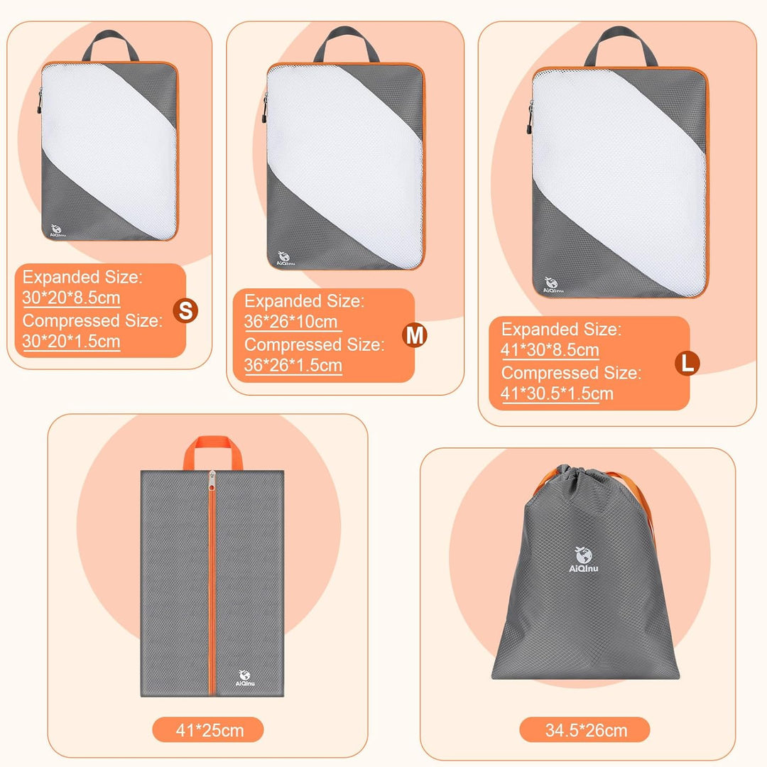 AiQInu Packing Cubes Compression, 5 Stück Packtaschen Kompression Koffer Organizer Set mit Wäschebeu