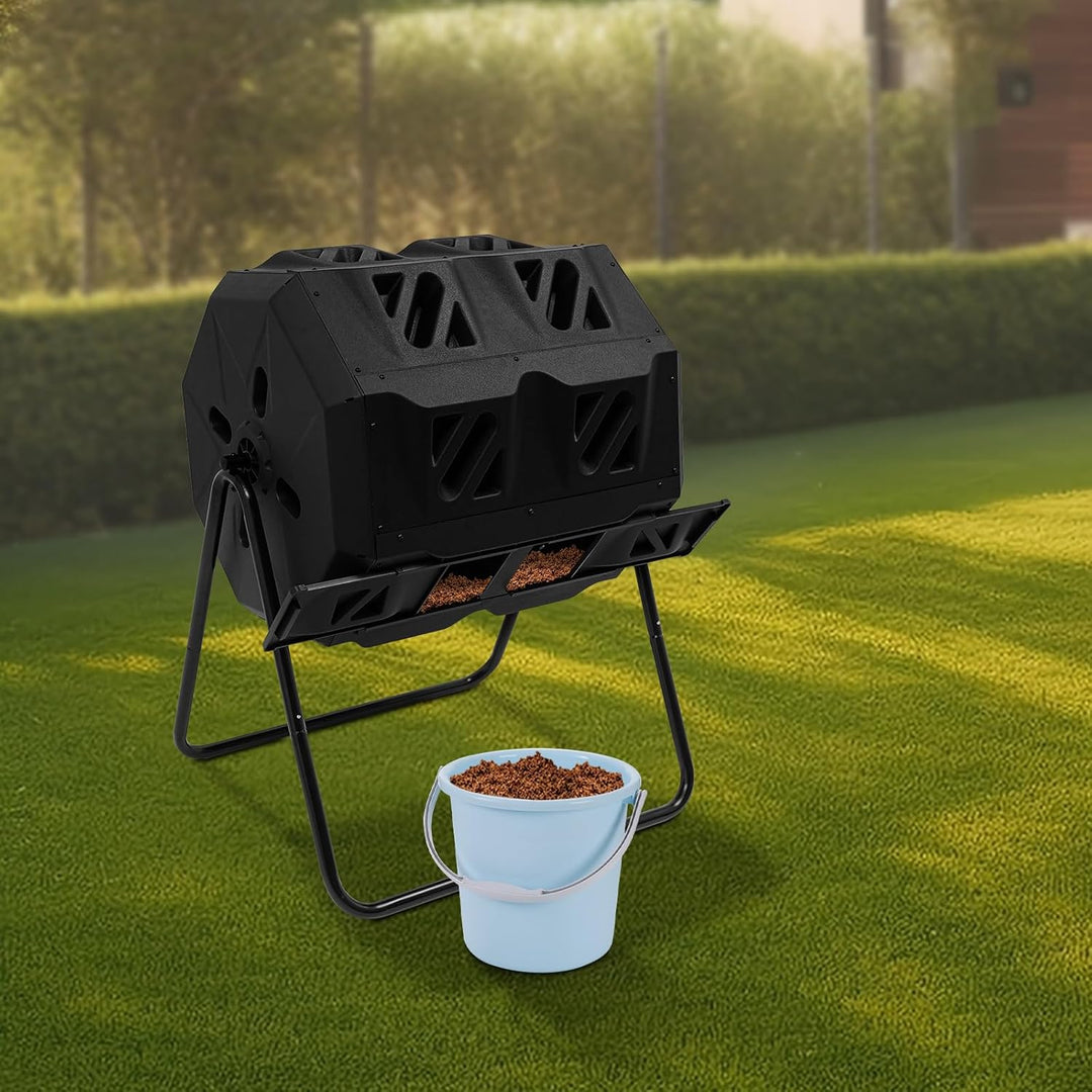 160L Taumelkomposter,Rotierender Doppelkammer Trommelkomposter Gartenkomposter mit Zwei Kammern Trom