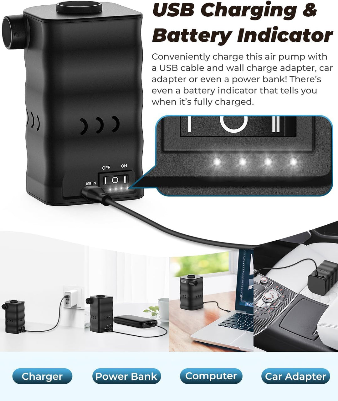 Dr.meter Elektrische Luftpumpe, 6000mAh Wiederaufladbare mini Pumpe mit 3 Luftdüsen Tragbare Luftpum