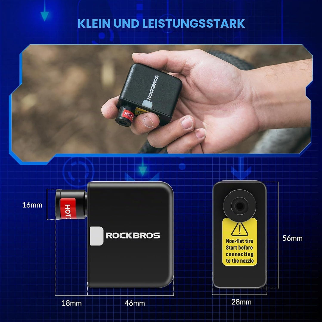 ROCKBROS Elektrische Fahrradpumpe, 100PSI Tragbare Minipumpen Wiederaufladbarer 300mAh Kleine Kompre