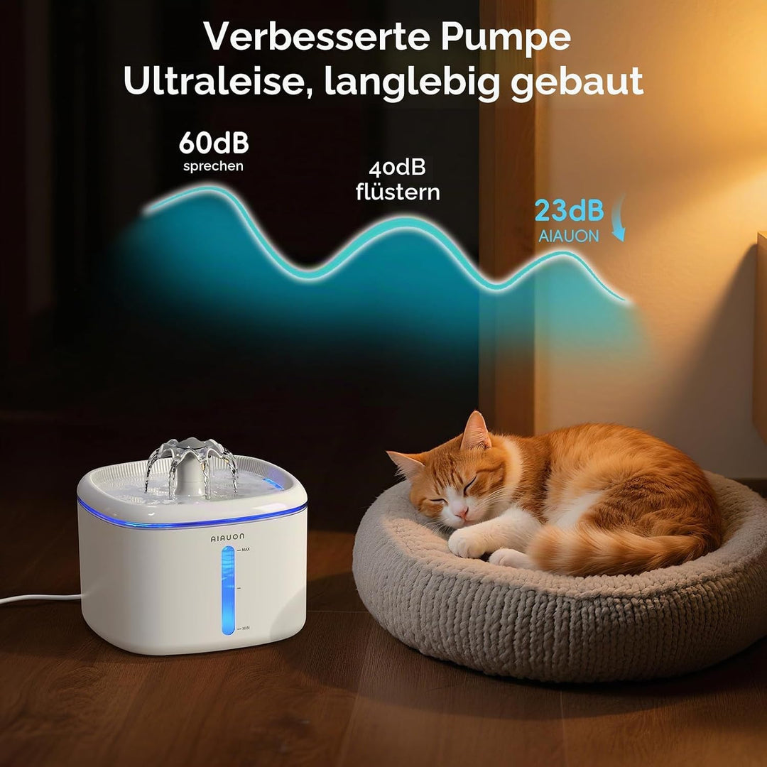 Trinkbrunnen für Katze, 2,5L Katzenbrunnen Leise mit 8 Ersatzfiltern und LED-Wasserstandsfenster für