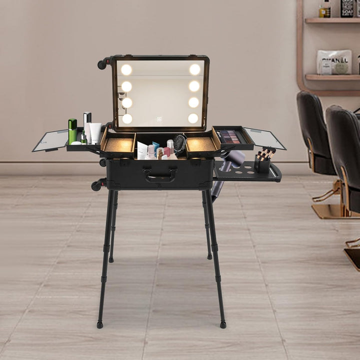 Profi Kosmetikkoffer Trolley, Multifunktional Schminkkoffer, Make Up Koffer mit Spiegel und LED Lich