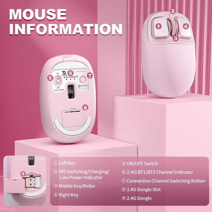YUNZII C1 Silikon-Funkmaus,Tri-Mode 2,4 GHz/USB-C/Bluetooth Maus, 4800 DPI Optisches Abtastung, 6 Ve