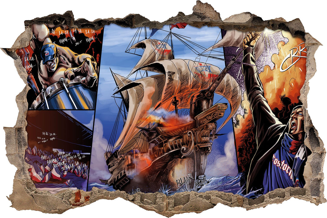 Ultras Rostock mit Schiff, 3D Wandsticker Format: 92x62cm, Wanddekoration, 92x62