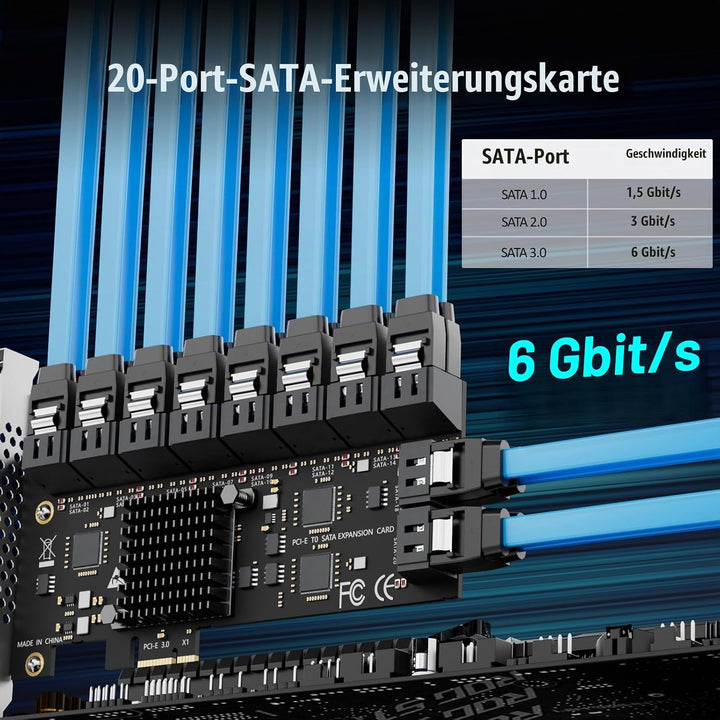glotrends PCIe SATA Adapterkarte mit 20 Port SATA III 6Gbps (inklusive SATA Kabel und 15PIN SATA Spl