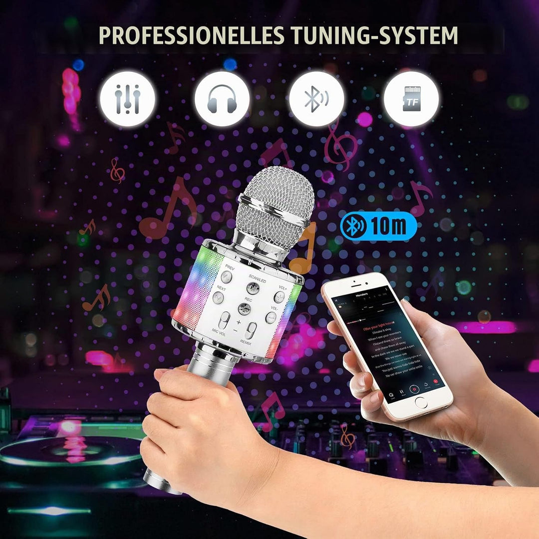 ShinePick Mikrofon Kinder Bluetooth, 4-in-1 Drahtloses Karaoke Mikrofon, Tragbare LED Microphone Spi